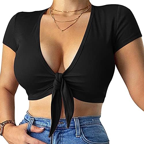 BORIFLORS Women's Sexy Tie Up Crop Top Short Sleeve Deep V Neck